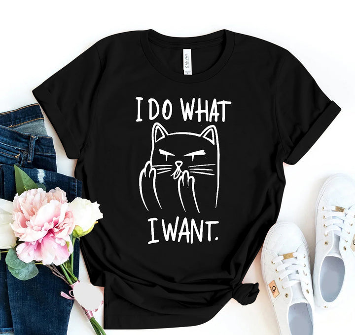 Black t-shirt with a cat graphic and &