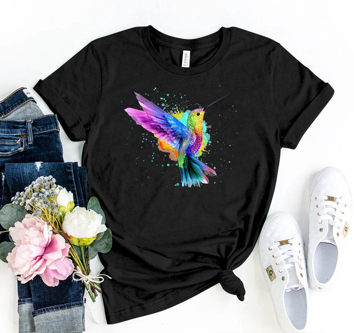 Black t-shirt with a colourful hummingbird design - WordinWear