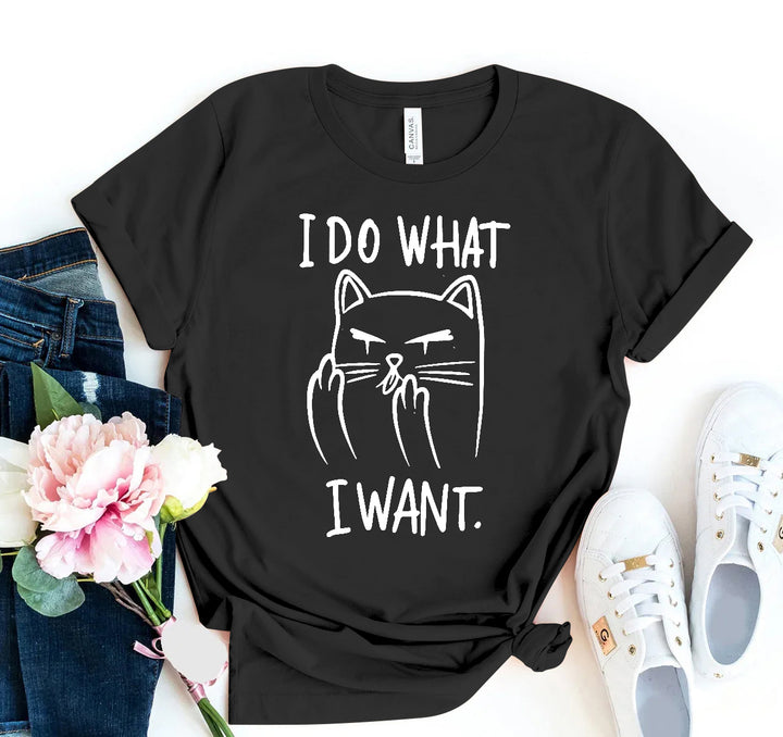 Black t-shirt with a cat graphic and &