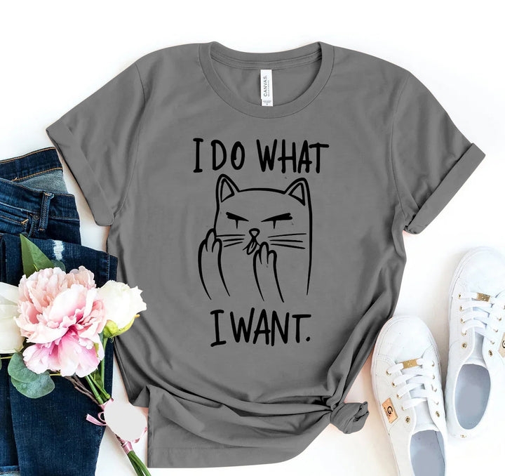 Gray t-shirt with a cat graphic and &