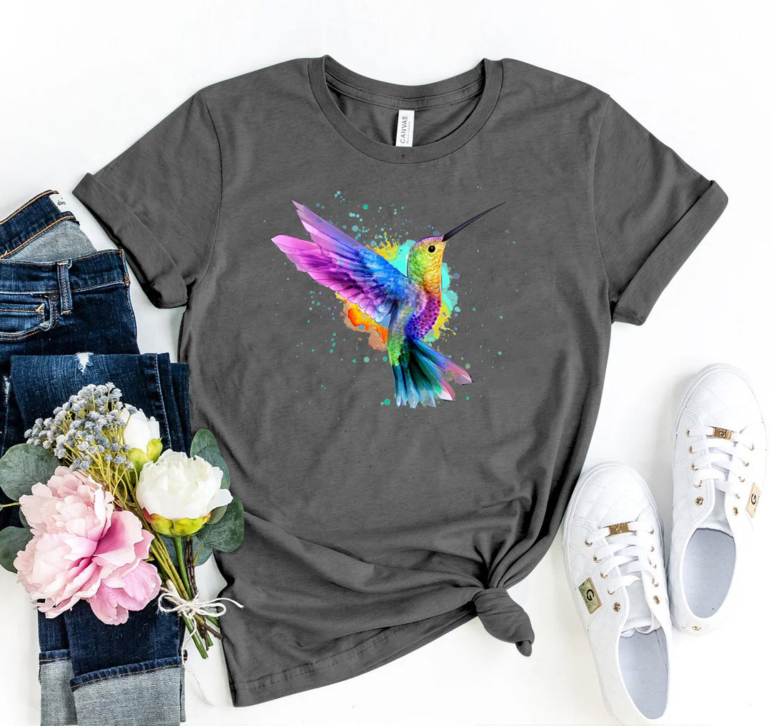 Heather Gray t-shirt with a colourful hummingbird design - WordinWear