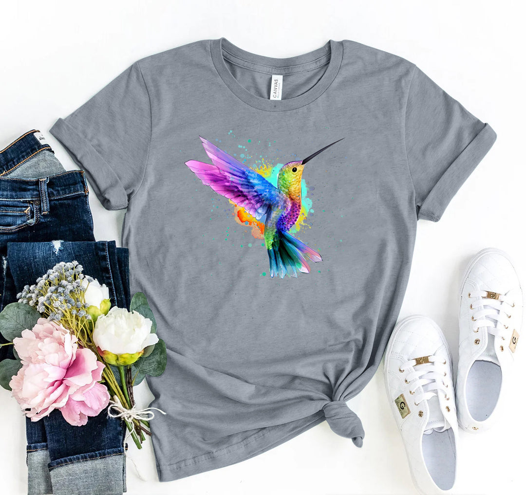 Gray t-shirt with a colourful hummingbird design - WordinWear