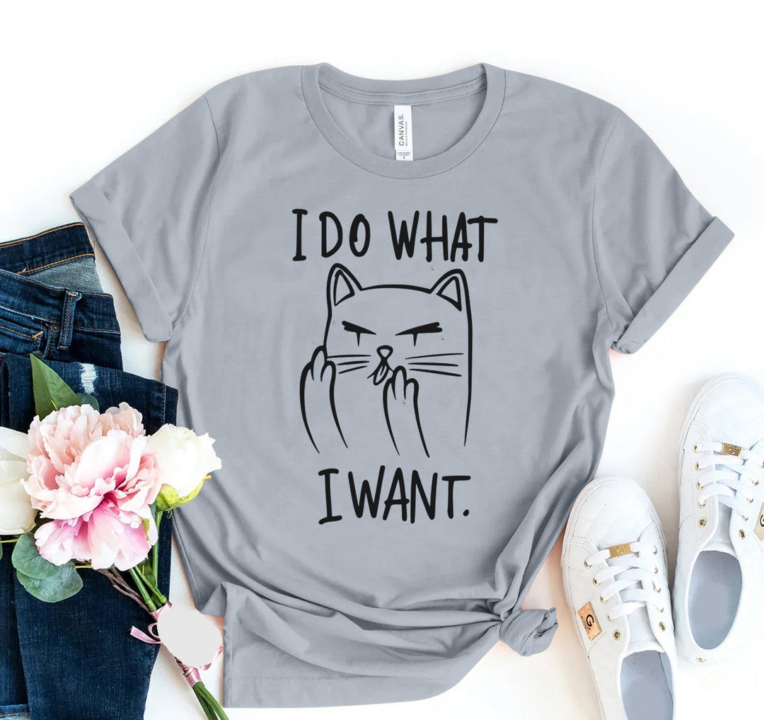 Gray t-shirt with a cat graphic and &
