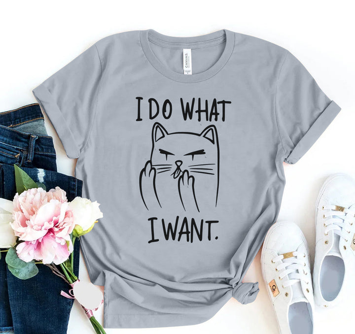 Gray t-shirt with a cat graphic and &