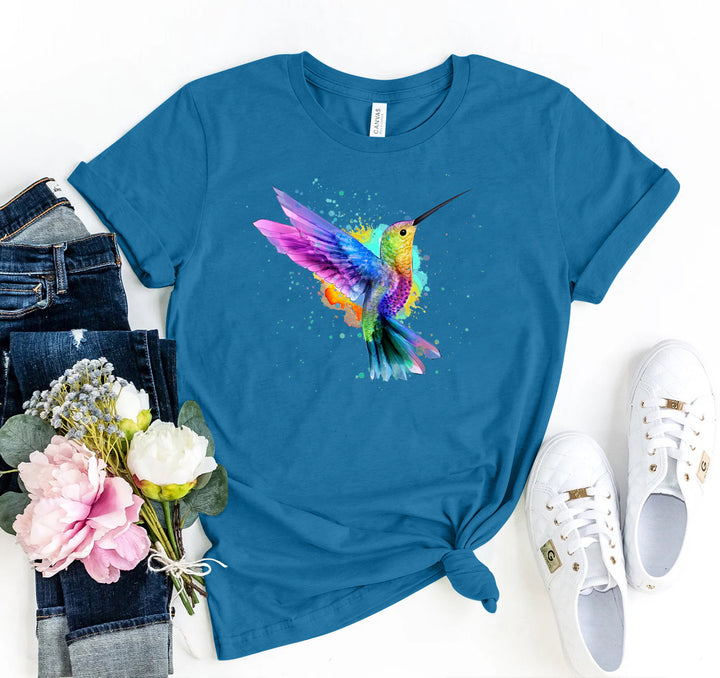 Heather Blue t-shirt with colourful hummingbird design - WordinWear
