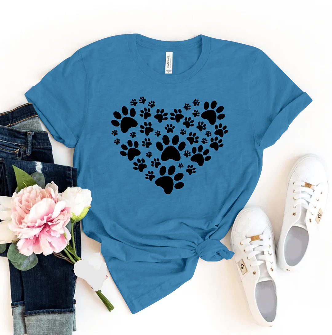 Blue t-shirt with black paw print heart design - WordinWear