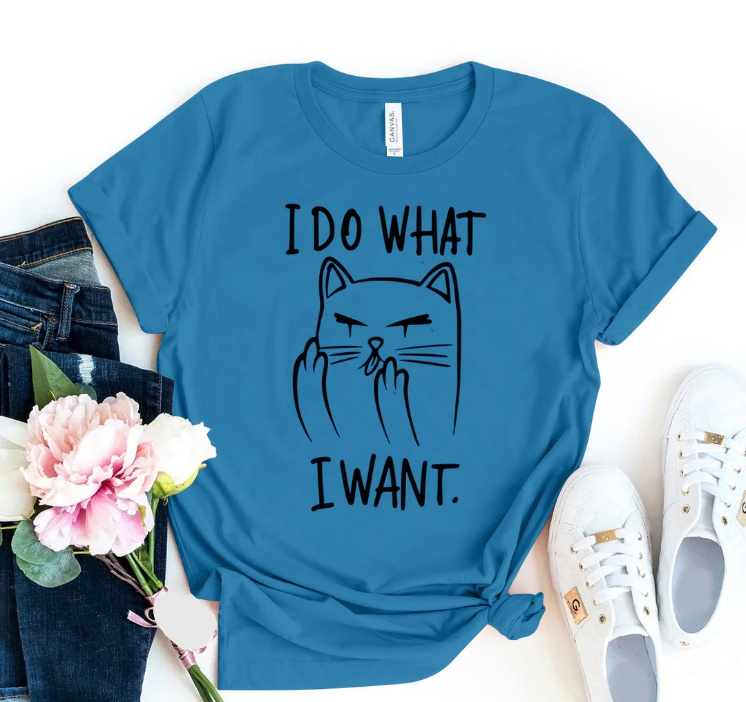 Blue t-shirt with a cat graphic and &