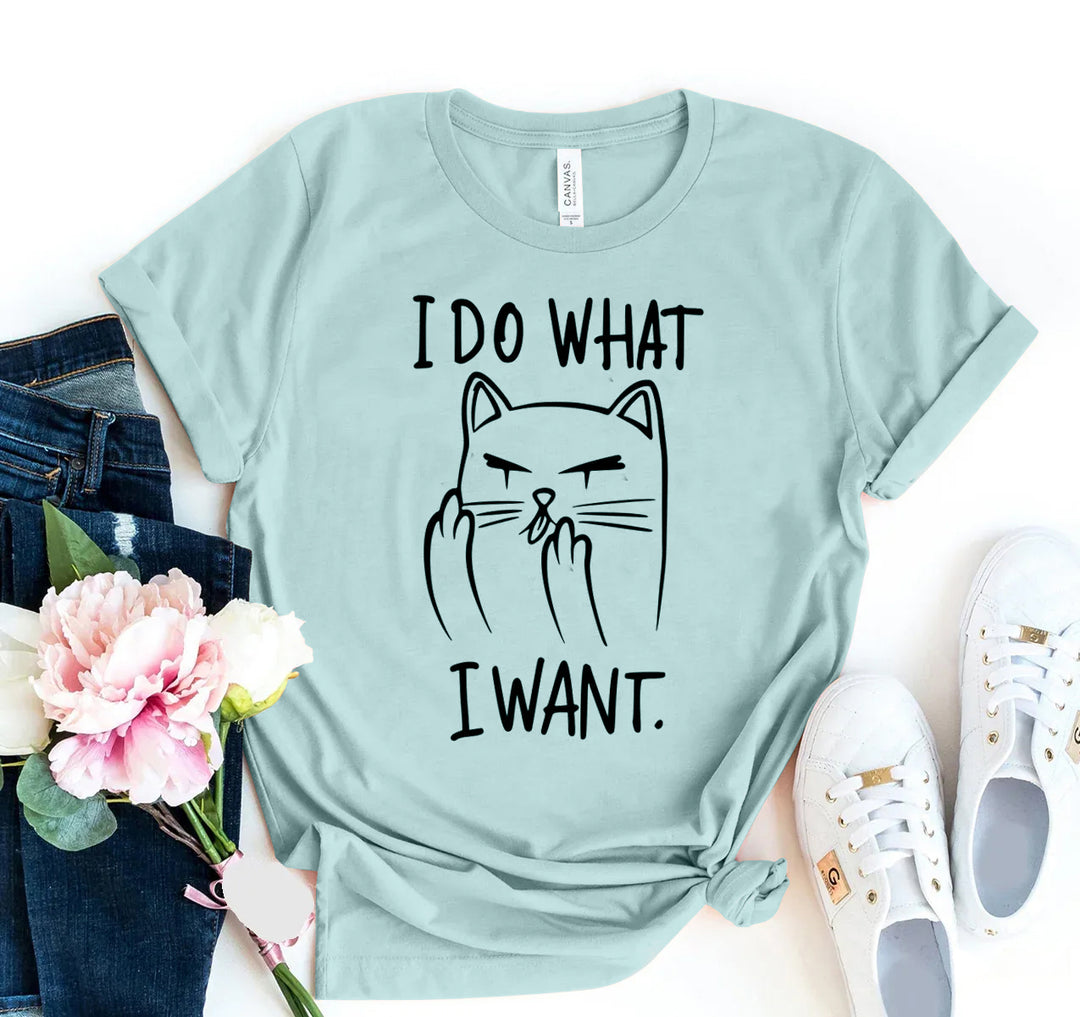 Dusty Blue t-shirt with a cat graphic and &