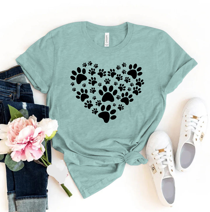 Dusty blue t-shirt with black paw print heart design - WordinWear