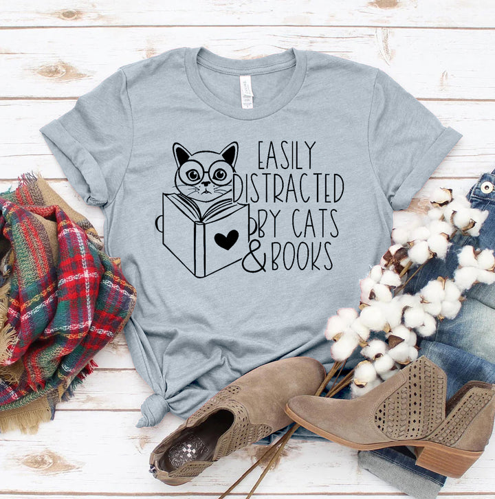 Heather Gray t-shirt with a cat and book graphic and text &