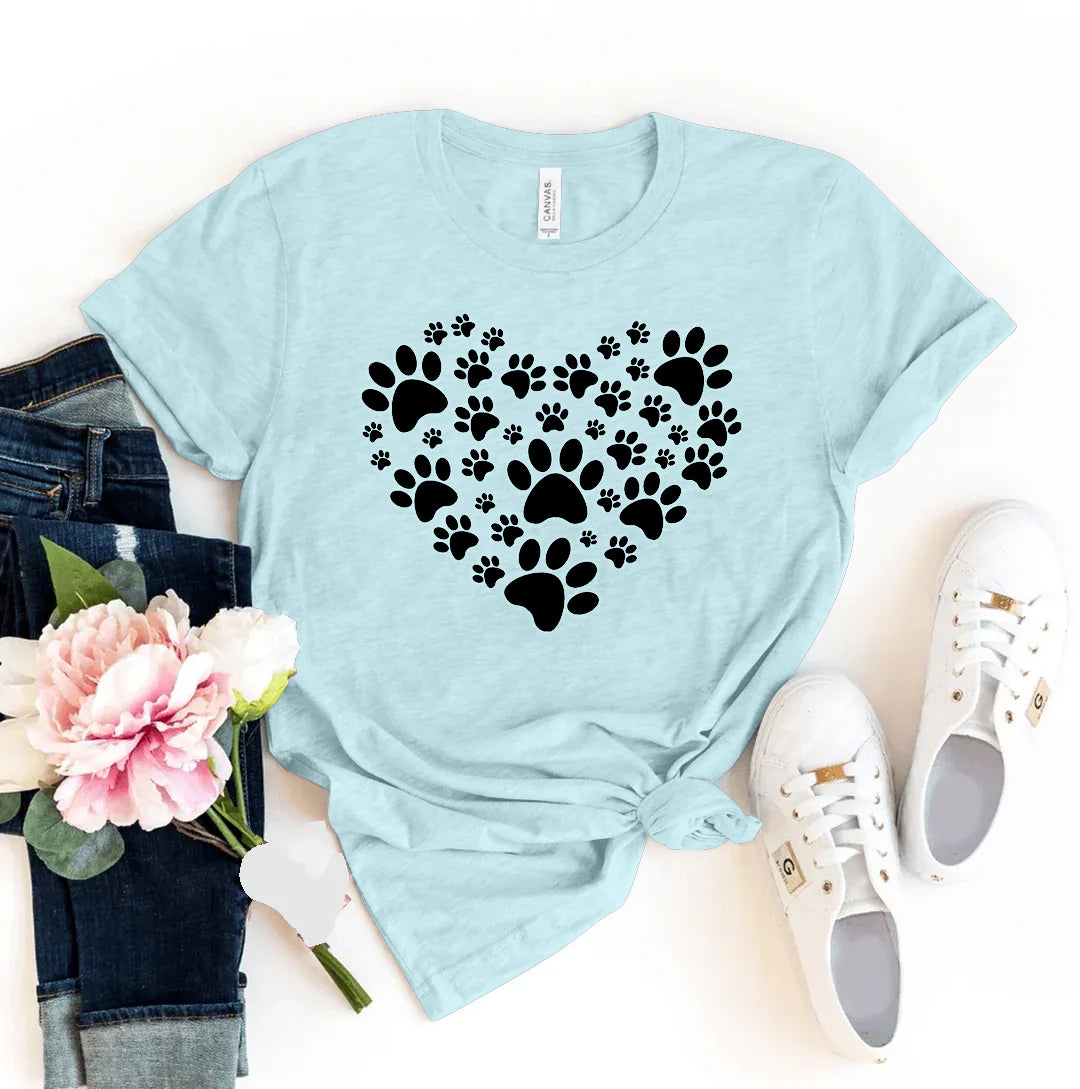 Ice blue t-shirt with black paw print heart design - WordinWear