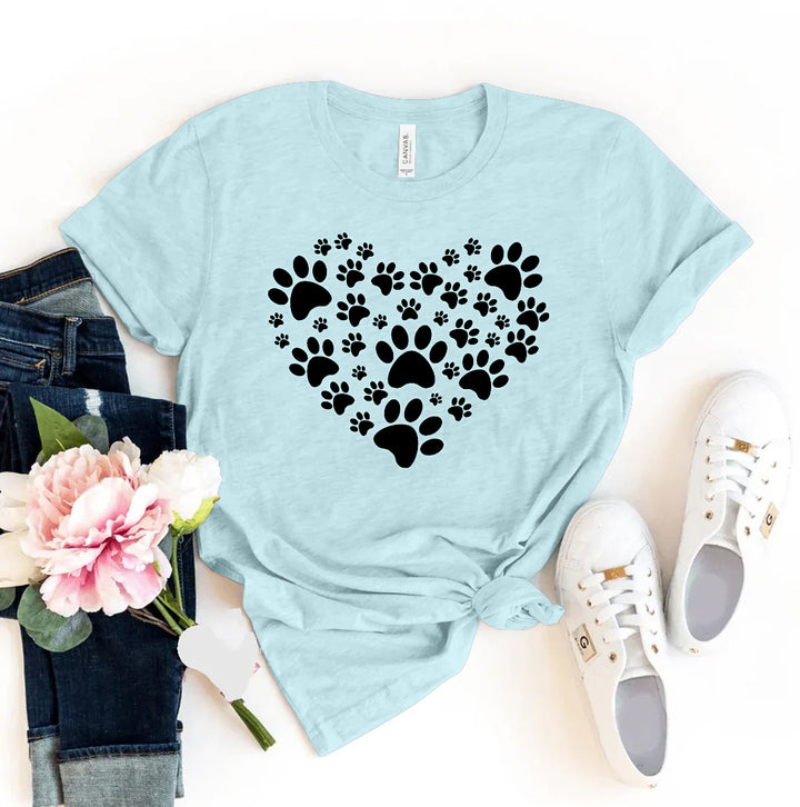 Ice blue t-shirt with black paw print heart design - WordinWear