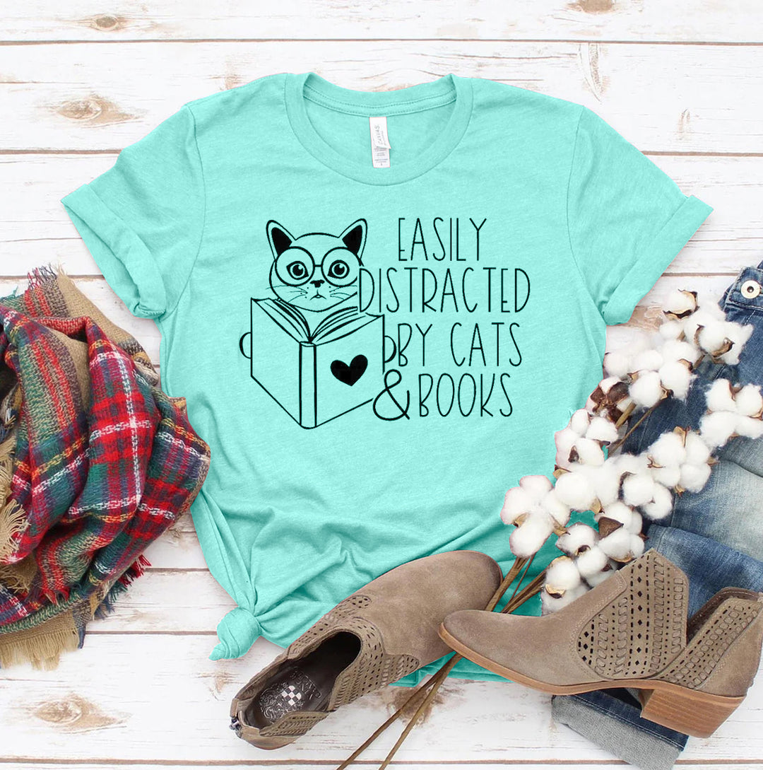 Heather Mint t-shirt with cat and book graphic and text &