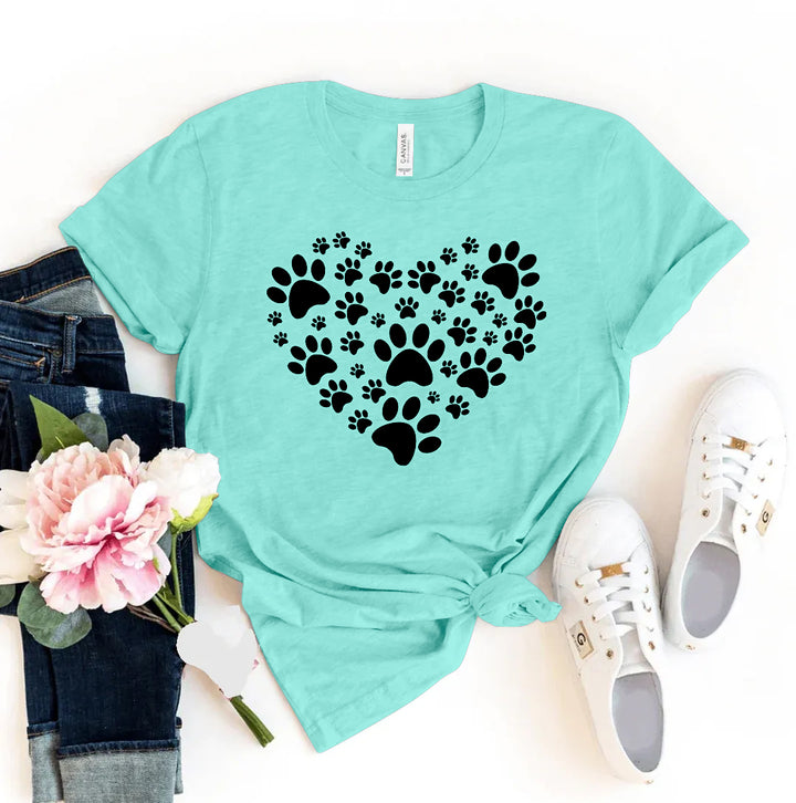 Mint green t-shirt with black paw print heart design  - WordinWear