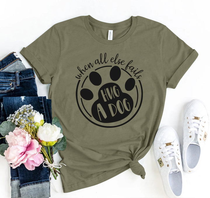 Olive green t-shirt with paw print graphic and &