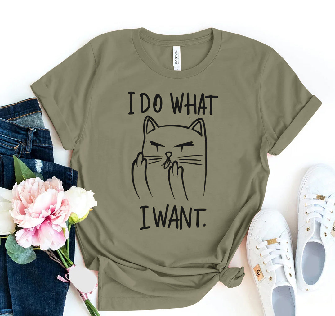 Olive green t-shirt with a cat graphic and &