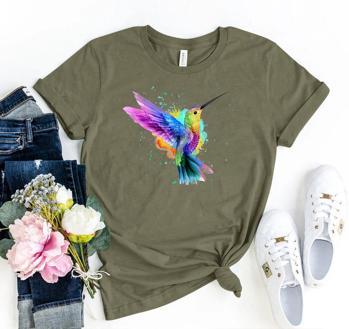 Heather Olive t-shirt with colourful hummingbird design - WordinWear