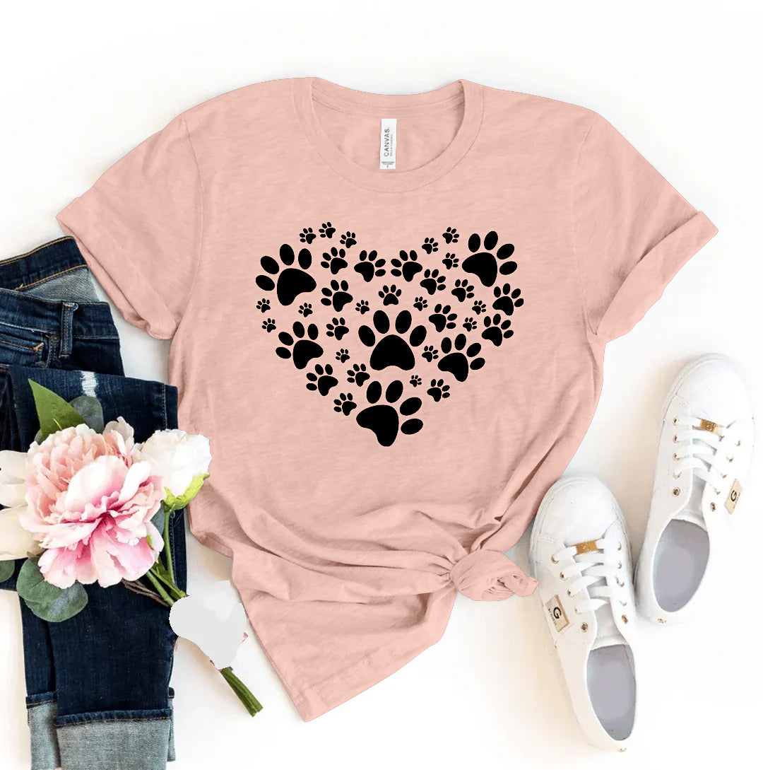 Peach t-shirt with black paw print heart design - WordinWear