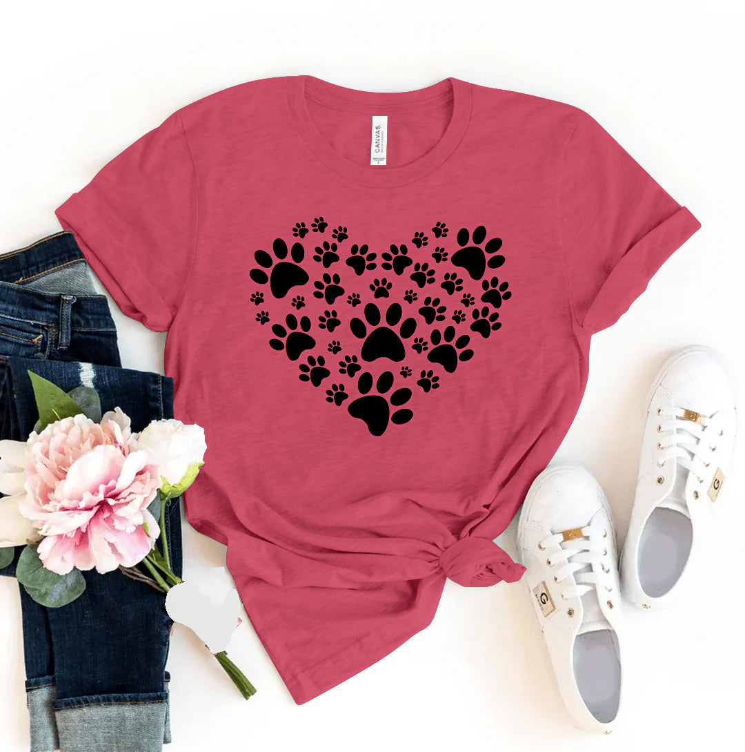 Raspberry t-shirt with black paw print heart design - WordinWear