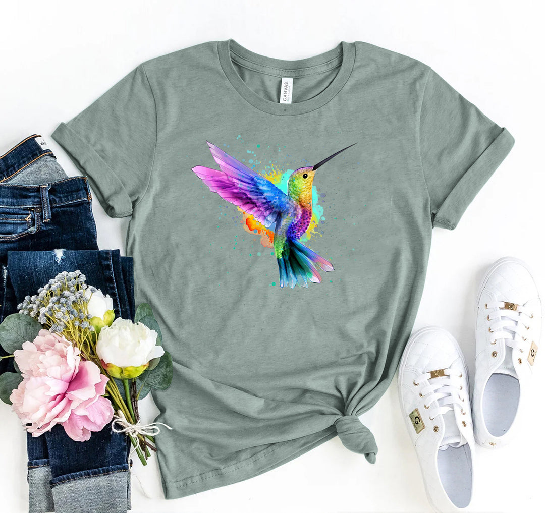 Heather Stone t-shirt with colourful hummingbird design - WordinWear