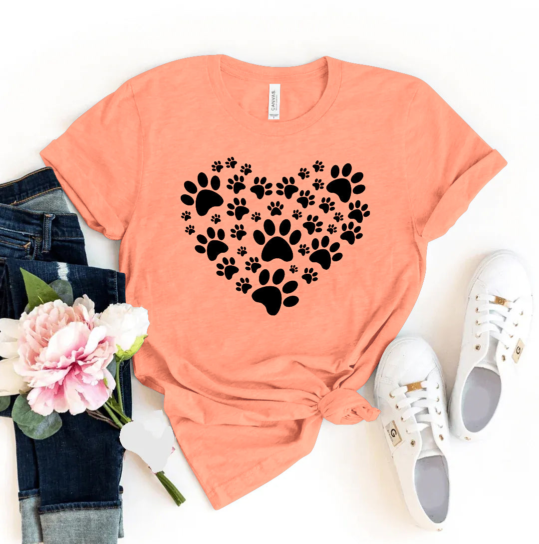 Sunset t-shirt with black paw print heart design - WordinWear