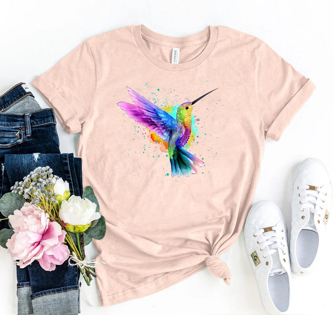 Heather Peach t-shirt with colourful hummingbird design - WordinWear