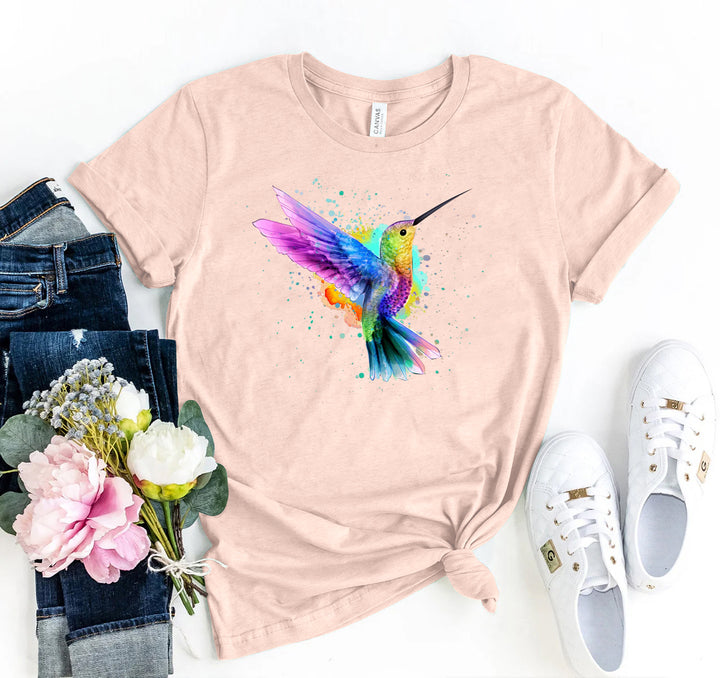 Heather Peach t-shirt with colourful hummingbird design - WordinWear