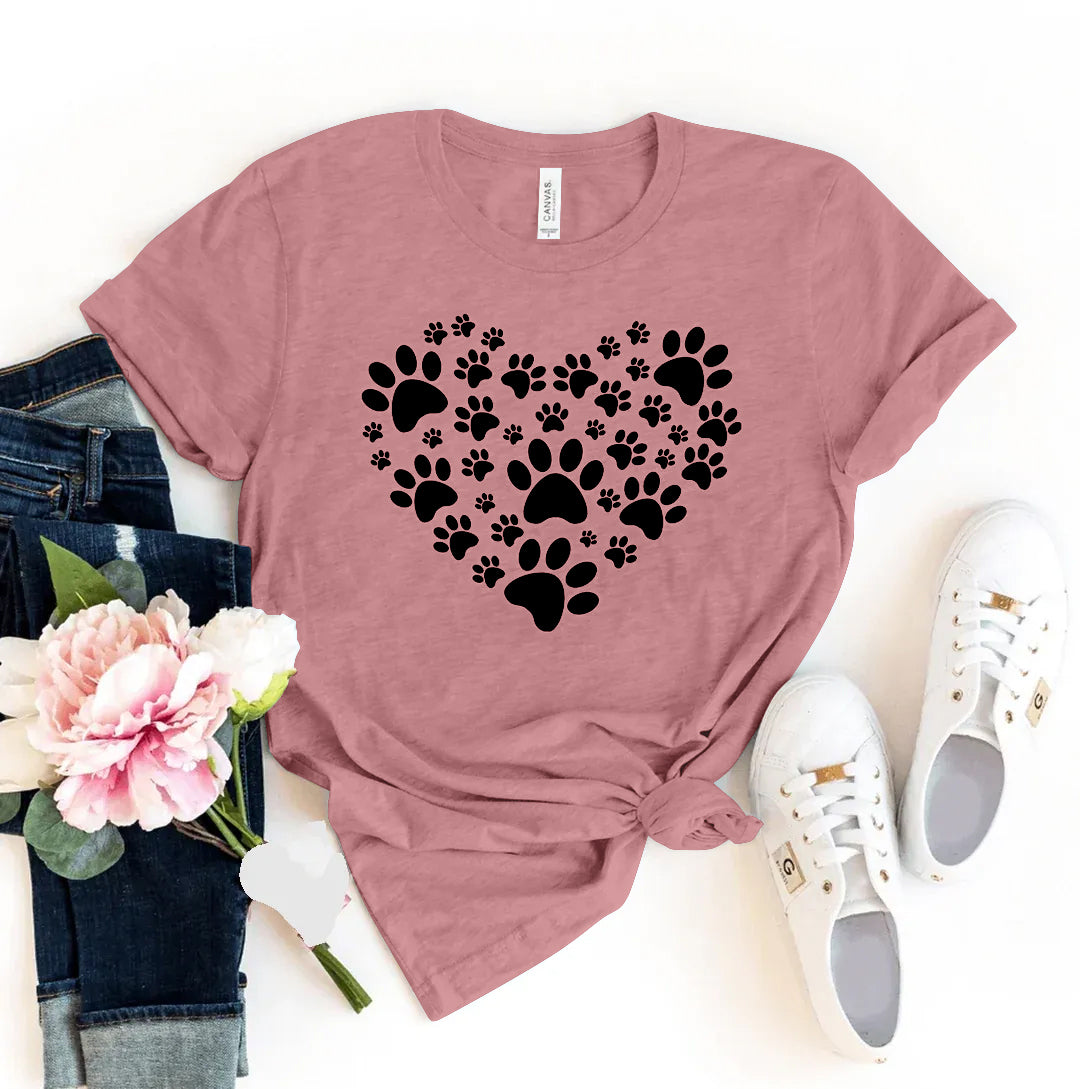 Mauve t-shirt with black paw print heart design - WordinWear