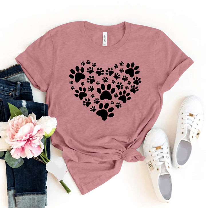 Mauve t-shirt with black paw print heart design - WordinWear