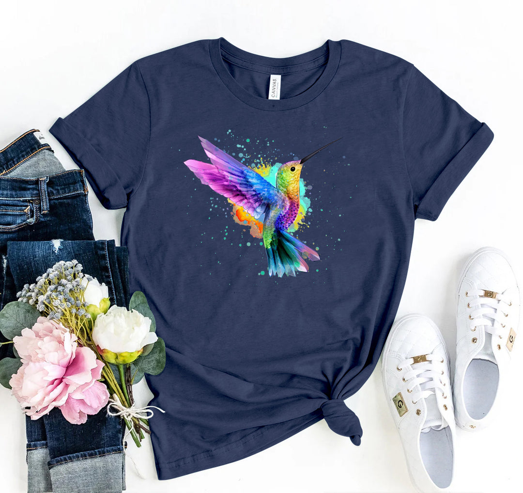 Navy blue t-shirt with a colourful hummingbird design - WordinWear