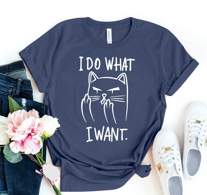 Navy blue t-shirt with a cat graphic and &