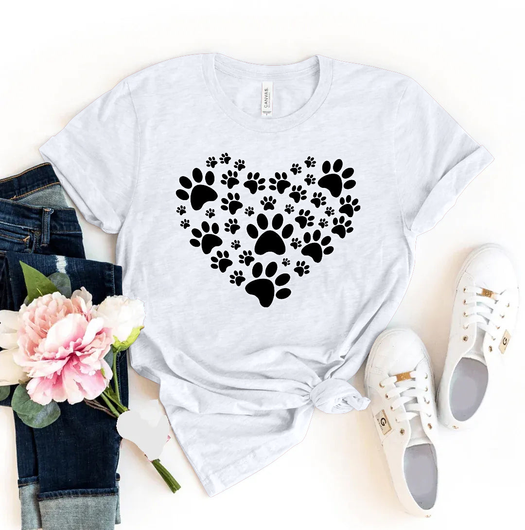 White t-shirt with black paw print heart design - WordinWear