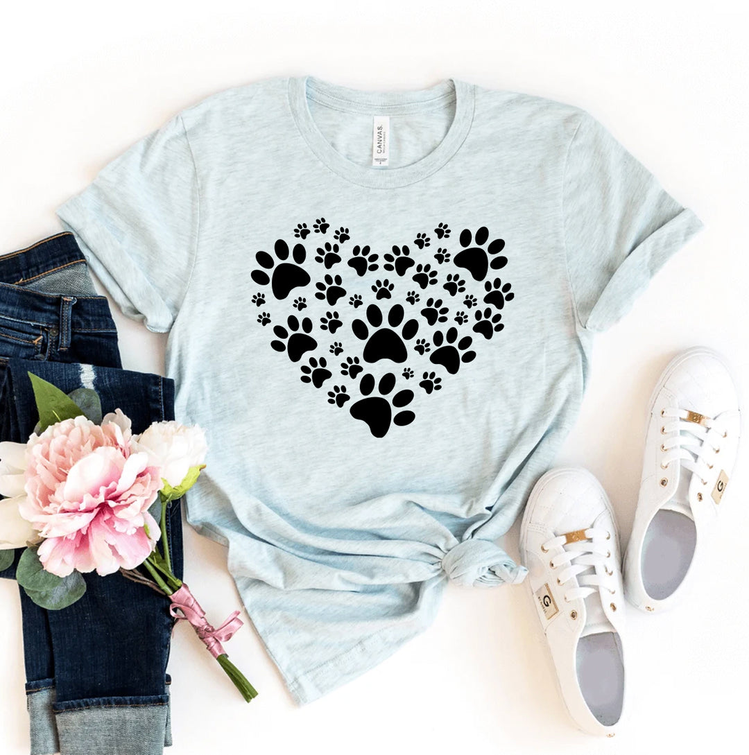 Ice blue t-shirt with black paw print heart design - WordinWear
