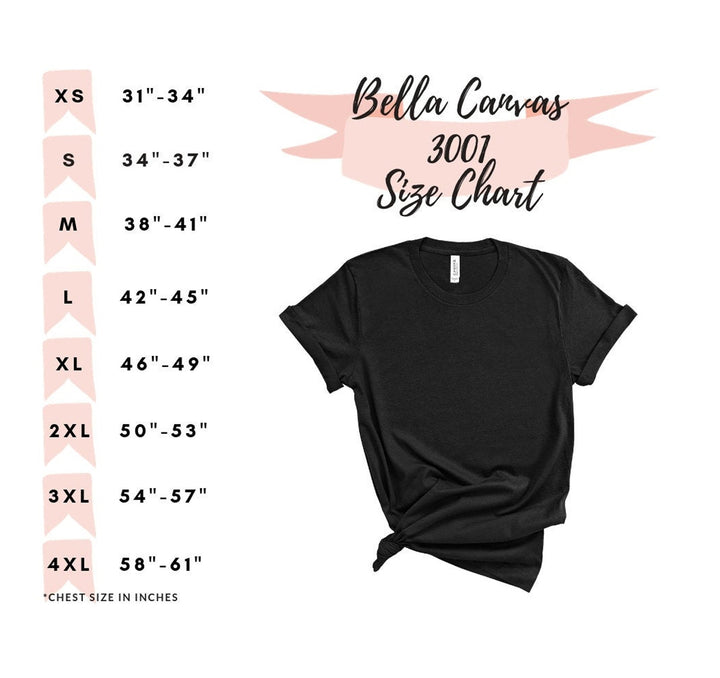 Be Kind T-shirt size chart with measurements for various sizes from XS to 4XL in inches.