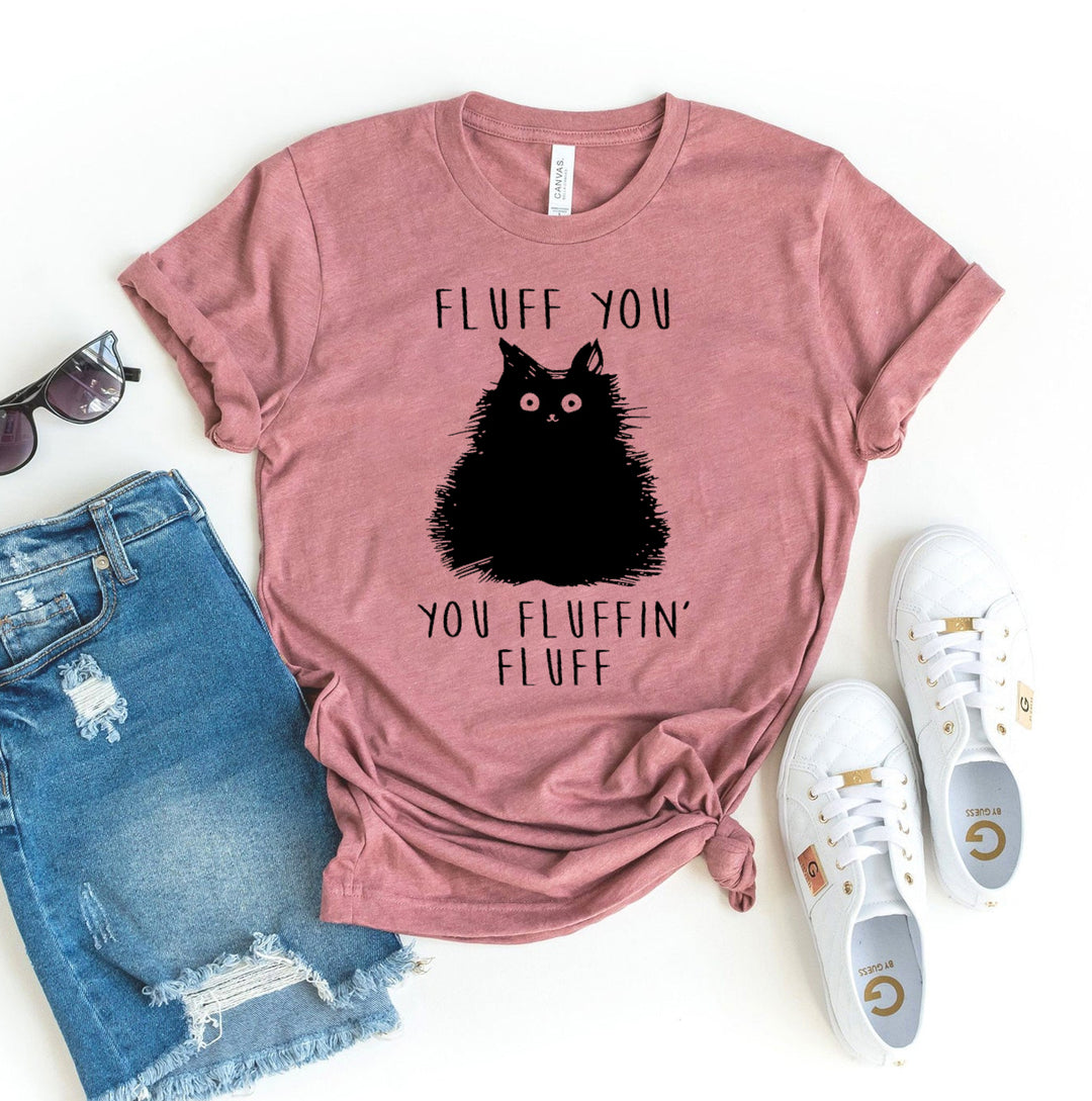 Pink t-shirt with a black cat graphic 