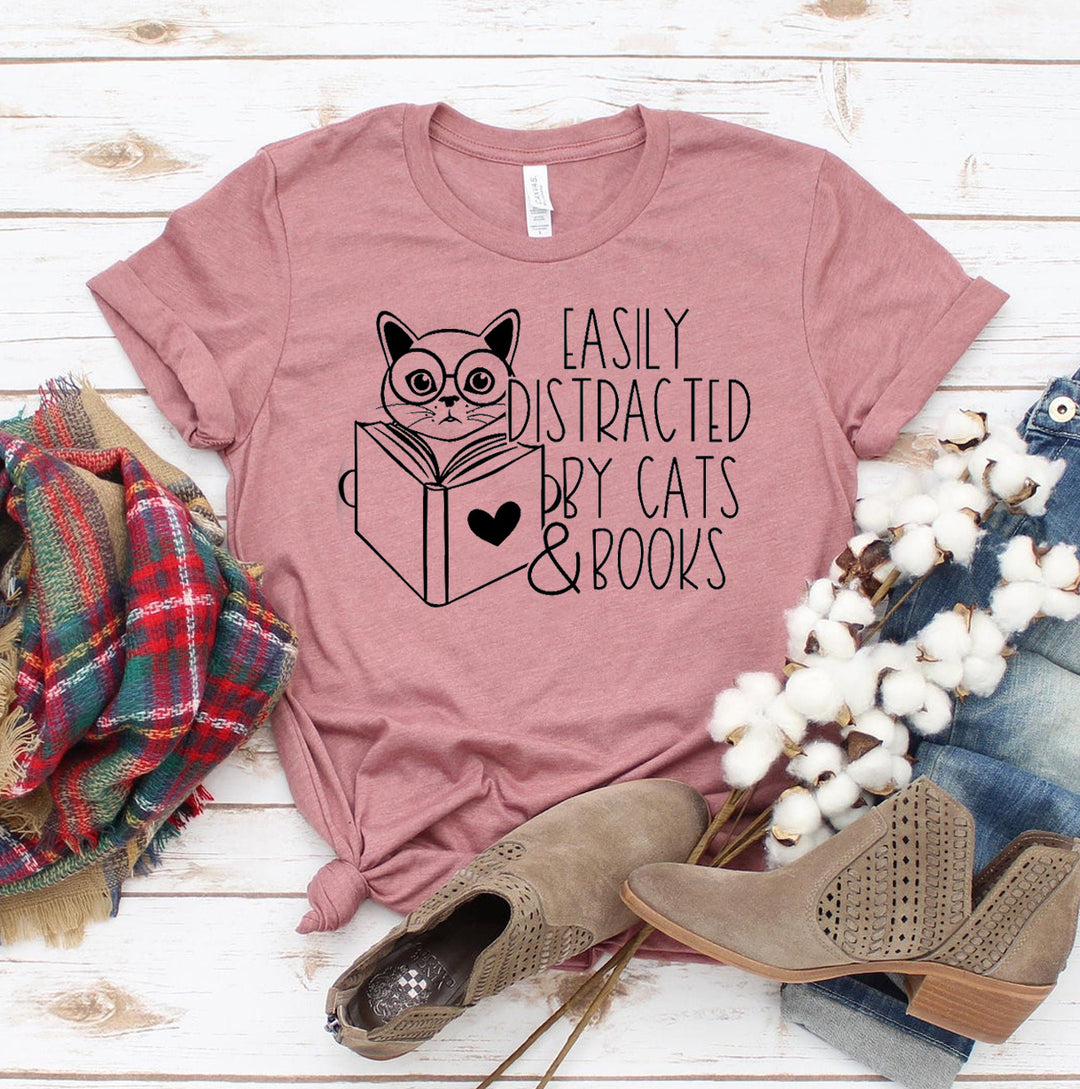 Pink t-shirt with 'Easily Distracted By Cats & Books' text - WordinWear