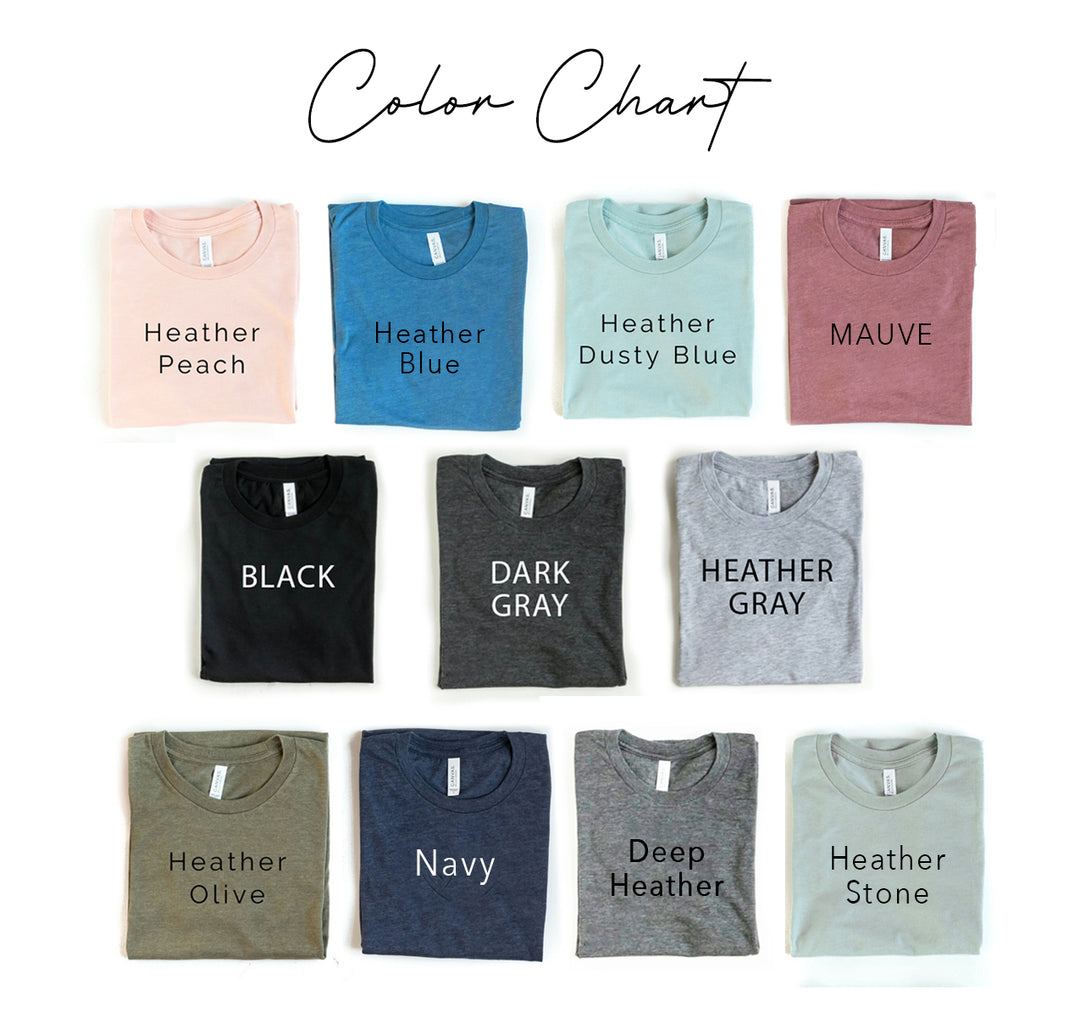 Color chart of folded shirts in various colors on a white background