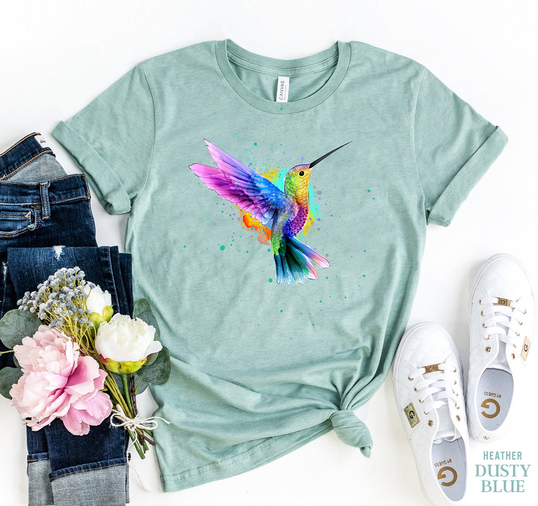 Heather Stone t-shirt with colourful hummingbird design - WordinWear