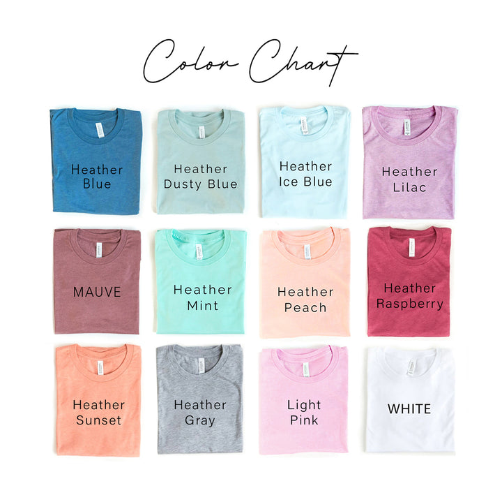 Color chart with various t-shirt colors on a white background
