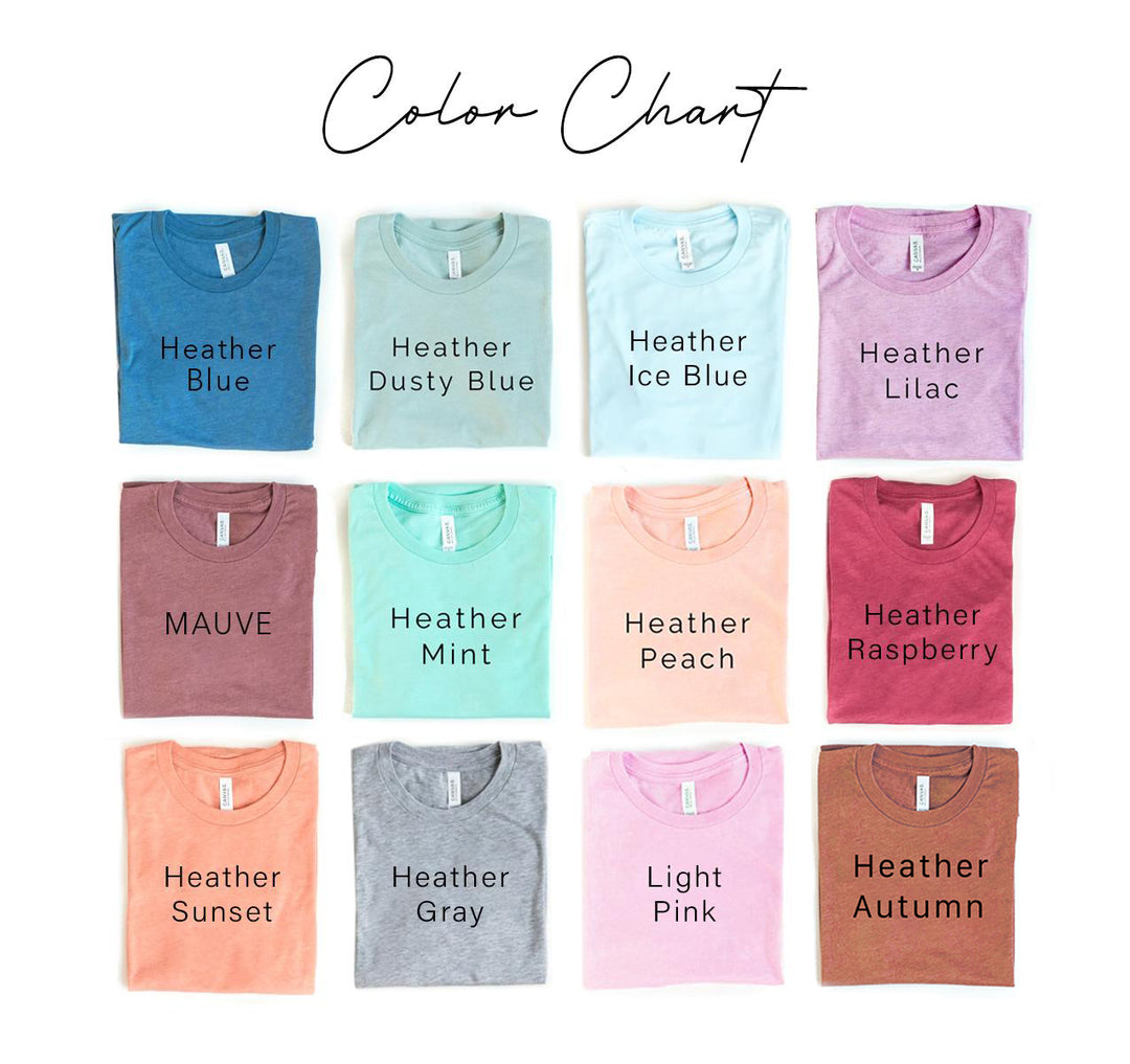Color chart of heathered t-shirts in various colors on a white background.