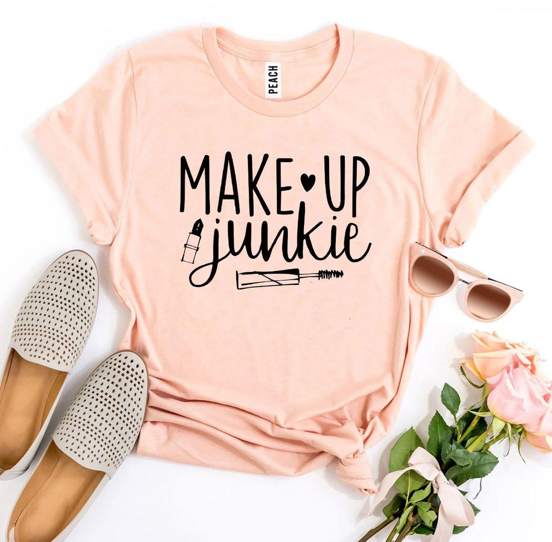 Peach t-shirt with 'MAKE UP JUNKIE' text - WordinWear