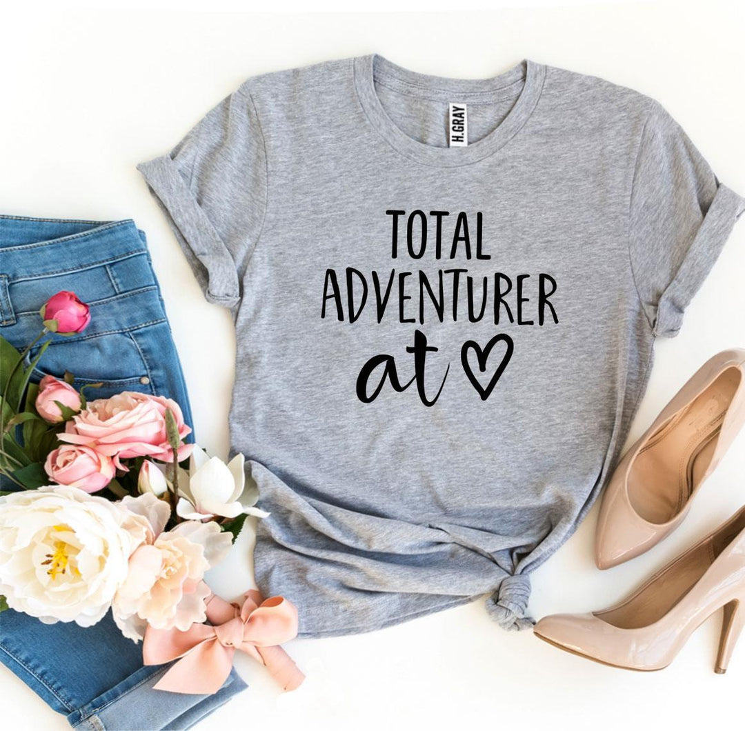 Heather gray t-shirt with 'Total Adventurer At Heart T-shirt' text - WordinWear