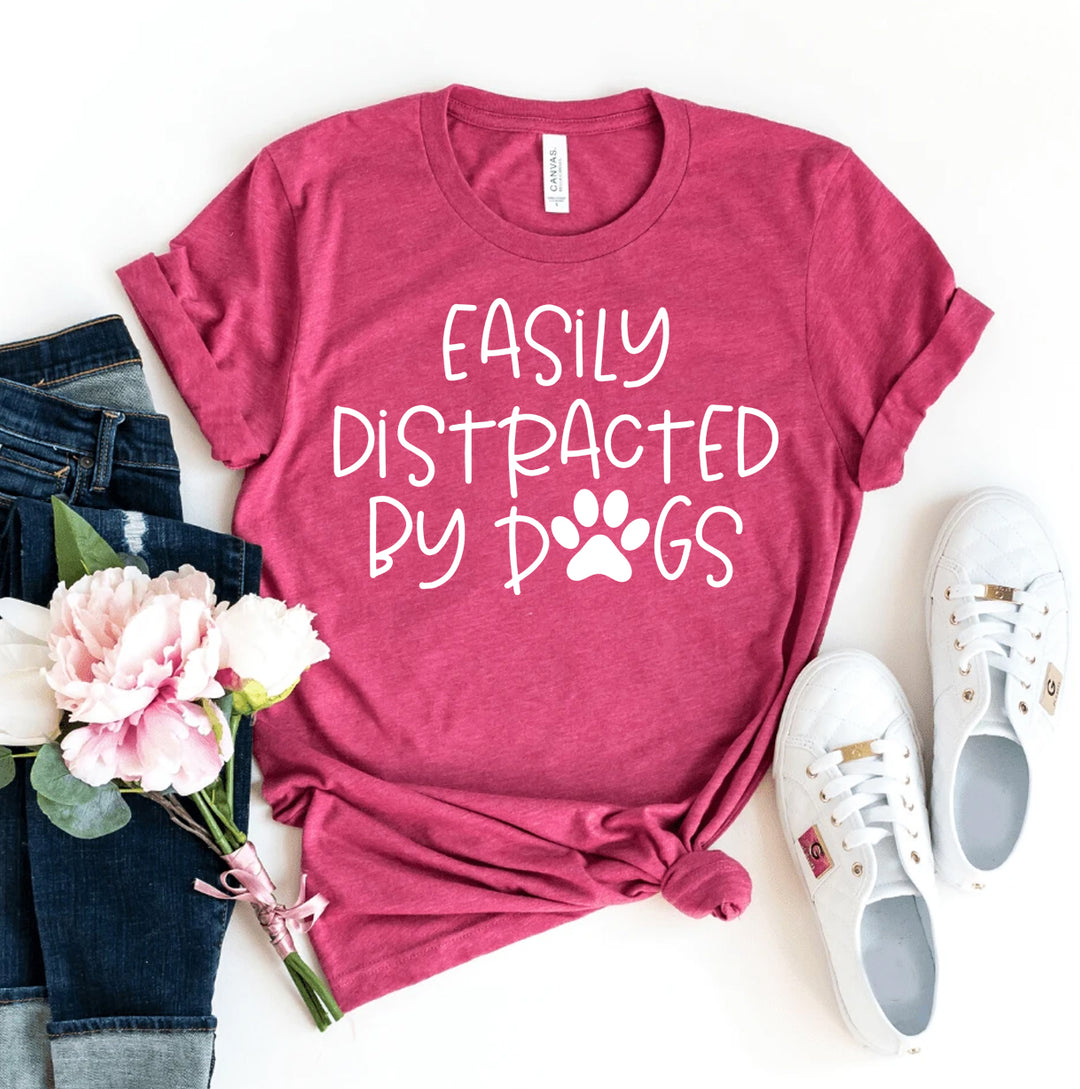 Heather Raspberry t-shirt with 'Easily Distracted by Dogs' text - WordinWear
