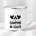 Camping Mug featuring a design that reads 'Camping is in-tents' with trees and stars, perfect for outdoor adventures.