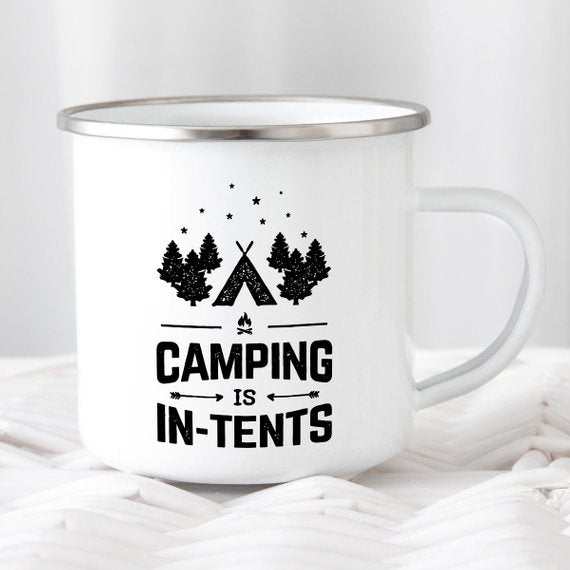 Camping Mug featuring a design that reads 'Camping is in-tents' with trees and stars, perfect for outdoor adventures.