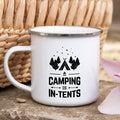 Camping Mug with a humorous design, featuring the phrase 'Camping is IN-TENTS' on a white enamel surface.
