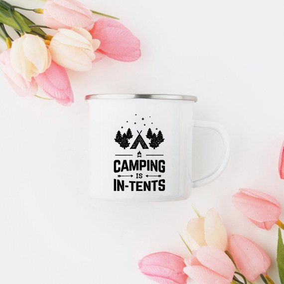 Camping mug with a whimsical design, perfect for outdoor adventures and enjoying beverages in nature.